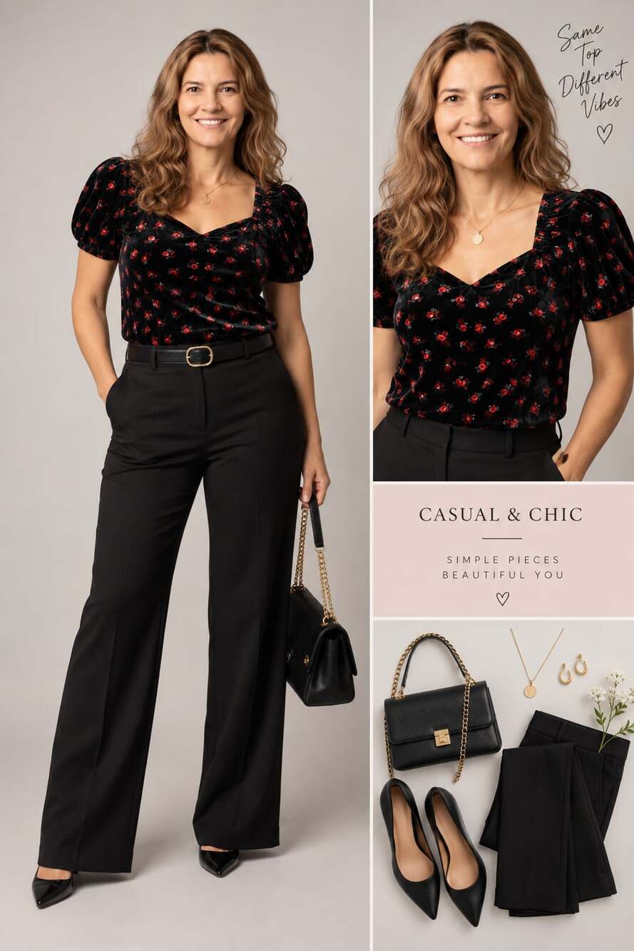 LOFT Velvet Floral Puff Sleeve Sweetheart Neck Top Size M Black Red